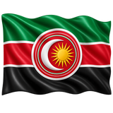 A 1440×882 flag with equal bands of green 
#007A3D, red 
#CE1126 and black 
#000000. Two white 14px pinstripes run along the red band. At the center, a roundel (radius 302) has a white outer ring, then red rings with thin white lines and a 3px green hairline. Inside, a white crescent opens right around a gold 
#FFCB21 sun with 21 rays, set 89px right of center. emoji