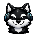 A cute but cool black-and-white Discord emoji of a futuristic wolf mascot, matching a premium music bot brand. The wolf is wearing headphones and smiling confidently, clean bold vector shapes, thick outline, minimal details, high contrast, centered composition, transparent background, readable at 32x32 pixels, no text, no letters, no watermark. emoji