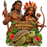 A dark brown tribal West Indian man and a dreadlocks woman wearing a feather crown holding an arrow bow next to a turtle in front a sign that says "The Amerendians Of Kairi. emoji