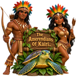 A dark brown tribal West Indian man and woman wearing a feather crown holding an arrow bow next to a turtle in front a sign that says "The Amerendians Of Kairi. emoji