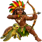A dark brown tribal West Indian man with a feather crown on his head holding an arrow bow on next to a turtle emoji