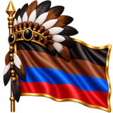 A flag with black, brown, blue, and red colors with a tribal feather-crown with brown, black, white feathers, with shiny black stones as diamonds in the center, with a gold line around the flag. emoji