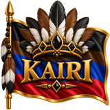 A flag with black, brown, blue, and red colors with a tribal feather-crown with brown, black, white feathers, with shiny black stones as diamonds in the center, with a gold line around the flag. With the word "KAIRI" in center of flag under the feather-crown. emoji