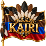 A flag with black, brown, blue, and red colors with a tribal feather-crown with brown, black, white feathers, with shiny black stones as diamonds in the center, with a gold line around the flag. With the word "KAIRI" in center of flag under the feather-crown. emoji