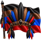 A flag with black, brown, blue, and red colors with a tribal feather-crown with shiny black stones as diamonds in the center emoji