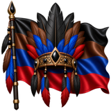 A flag with black, brown, blue, and red colors with a tribal feather-crown with shiny black stones as diamonds in the center emoji