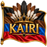 A flag with black, brown, blue, and red colors with a tribal feather-crown with brown, black, white feathers, with shiny black stones as diamonds in the center, with a gold line around the flag. With the word "KAIRI" in center of flag under the feather-crown. emoji