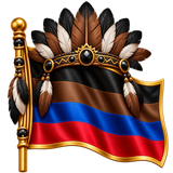 A flag with black, brown, blue, and red colors with a tribal feather-crown with brown, black, white feathers, with shiny black stones as diamonds in the center, with a gold line around the flag. emoji