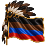 A flag with black, brown, blue, and red colors with a tribal feather-crown with brown, black, white feathers, with shiny black stones as diamonds in the center, with a gold line around the flag. emoji