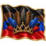 A flag with black, brown, blue, and red colors with a tribal feather-crown with shiny black stones as diamonds in the center, with a gold line around the flag edges emoji