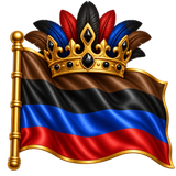 A flag with colors brown, black, blue, and red with a gold crown with tribal feathers on top of it with black shiny stones as it's diamonds. emoji