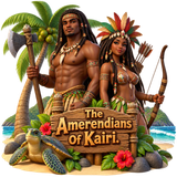 A strong handsome dark-brown tribal West-Indian man with axe and a beautiful dreadlocks black woman wearing a feather crown holding an arrow bow next to a turtle and coconut tree in front a sign that says "The Amerendians Of Kairi. With beach behind them. emoji