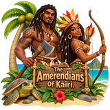A strong handsome dark-brown tribal West-Indian man with axe and a beautiful dreadlocks black woman wearing a feather crown holding an arrow bow next to a turtle and coconut tree in front a sign that says "The Amerendians Of Kairi. With beach behind them emoji