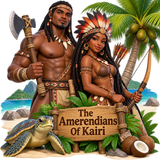 A strong handsome dark-brown tribal West-Indian man with axe and a beautiful dreadlocks black woman wearing a feather crown holding an arrow bow next to a turtle and coconut tree in front a sign that says "The Amerendians Of Kairi. With beach behind them. emoji