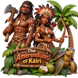 A strong handsome dark-brown tribal West-Indian man with axe and a beautiful dreadlocks black woman wearing a feather crown holding an arrow bow next to a turtle and coconut tree in front a sign that says "The Amerendians Of Kairi. emoji