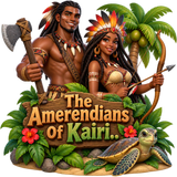 A strong handsome dark-brown tribal West-Indian man with axe and a beautiful dreadlocks black woman wearing a feather crown holding an arrow bow next to a turtle and coconut tree in front a sign that says "The Amerendians Of Kairi. emoji