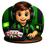 Chico con una computadora en una habitación gamer jugando casino con auriculares y la remera de San Martín de San Juan con el fondo de los colores del equipo emoji