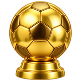 Golden soccer ball on a small gold pedestal, premium 3D metallic emoji, transparent background, centered, no text, 1:1. emoji