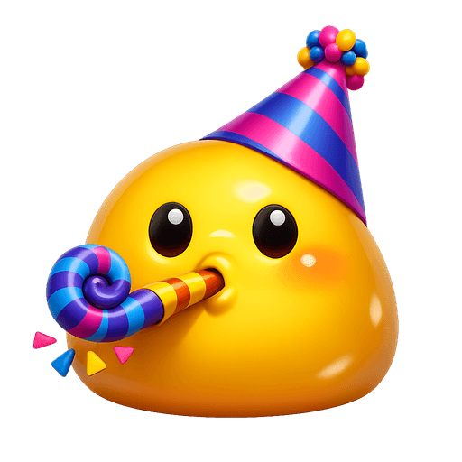 Blob in a party hat blowing a party horn