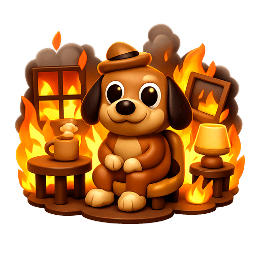 Dog sitting calmly in a burning room
