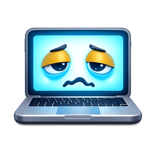 Laptop with a tired face and a glowing screen emoji