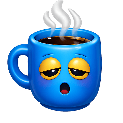 Steaming coffee mug with a sleepy face